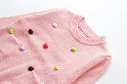 Girls' Sweater with Colourful Knitted Polka Dots - Violet, Pink, Hot Pink